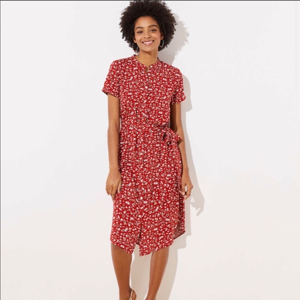 Loft Red Floral Dress Long Short Sleeve